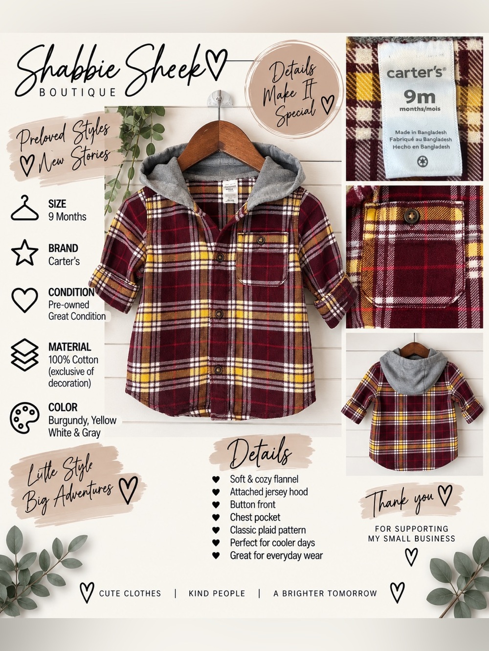 Carter’s Baby Boys 9M Plaid Hooded Flannel Shirt